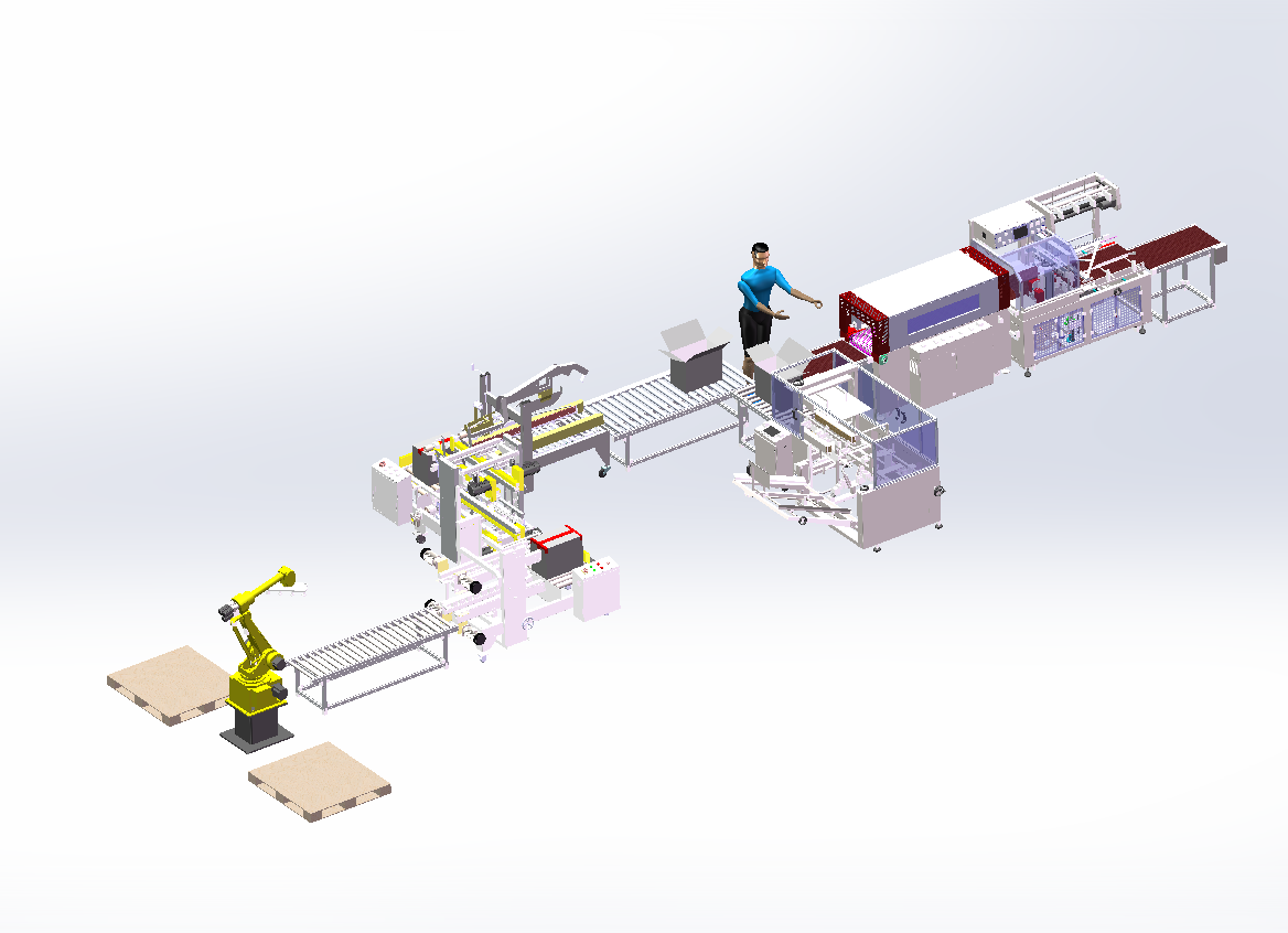 开箱边封收缩人工装箱折盖角边角边码垛